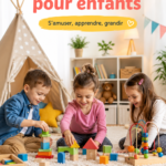 Enfants jouant à des jeux d'intérieur créatifs dans un salon lumineux
