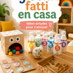 Une famille joue à des jeux faits maison dans leur salon, entourée de rires et de joie.