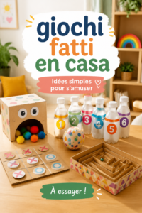 Une famille joue à des jeux faits maison dans leur salon, entourée de rires et de joie.