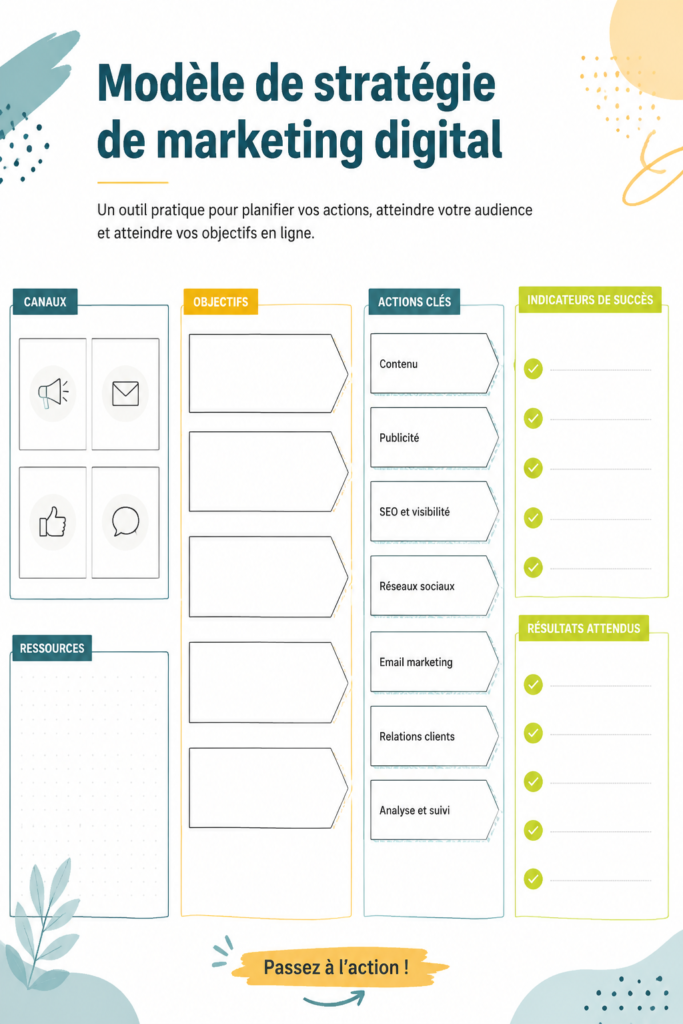 Modèle visuel de stratégie marketing digital illustrant des étapes clés.