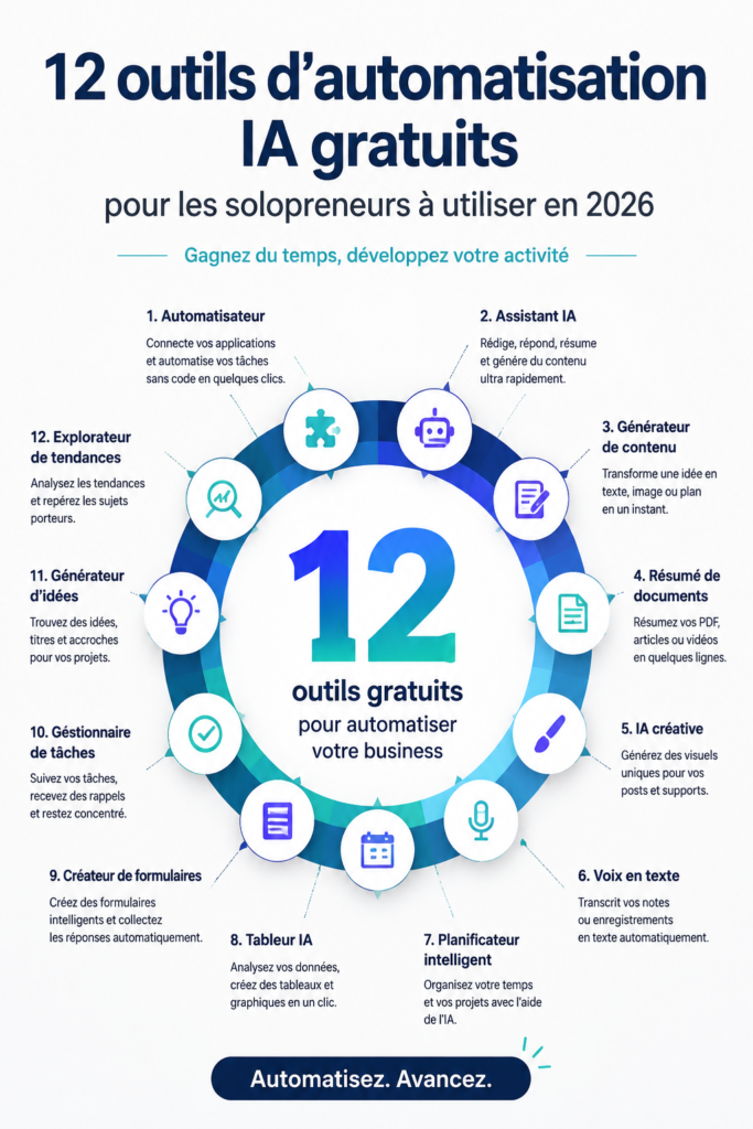 Un collage de différents outils d'automatisation AI pour solopreneurs en 2026
