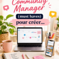 Image d'un bureau avec des outils de gestion pour Community Manager et des écrans d'ordinateur montrant des données analytiques.