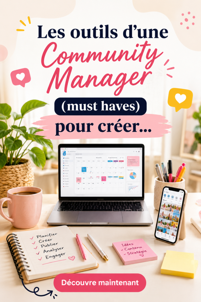 Image d'un bureau avec des outils de gestion pour Community Manager et des écrans d'ordinateur montrant des données analytiques.