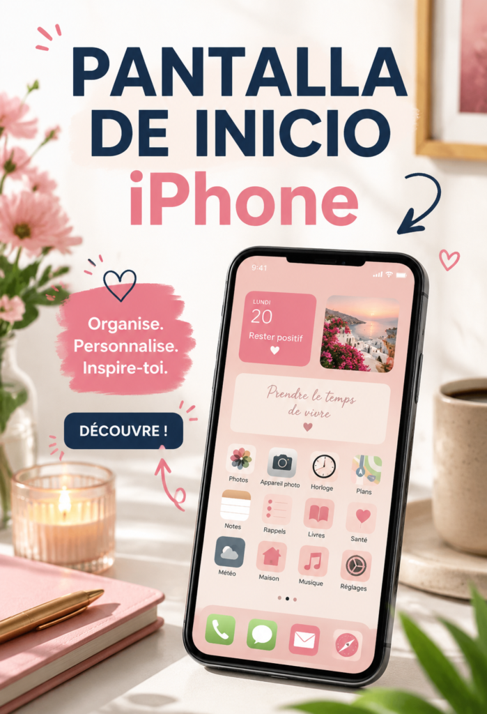 Personnalisation de l'écran d'accueil d'un iPhone avec des widgets colorés et des icônes arrondies.