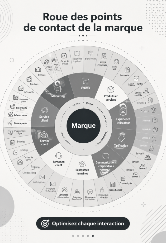 Illustration du cercle des points de contact de la marque, montrant les interactions clés avec les clients.