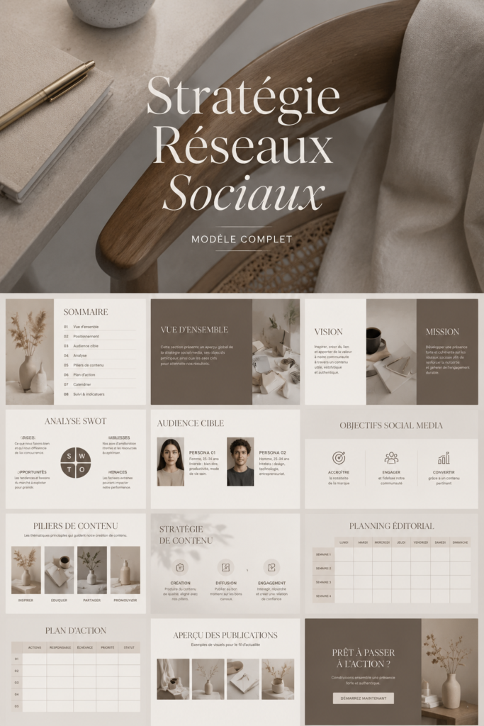 Template de stratégie sur les réseaux sociaux, editable dans Canva pour un usage facile.
