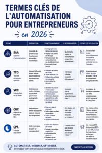 Illustration d'un entrepreneur utilisant des outils d'automatisation pour améliorer son activité en 2026.
