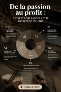 Femme souriante travaillant sur son projet entrepreneurial à partir de sa passion.
