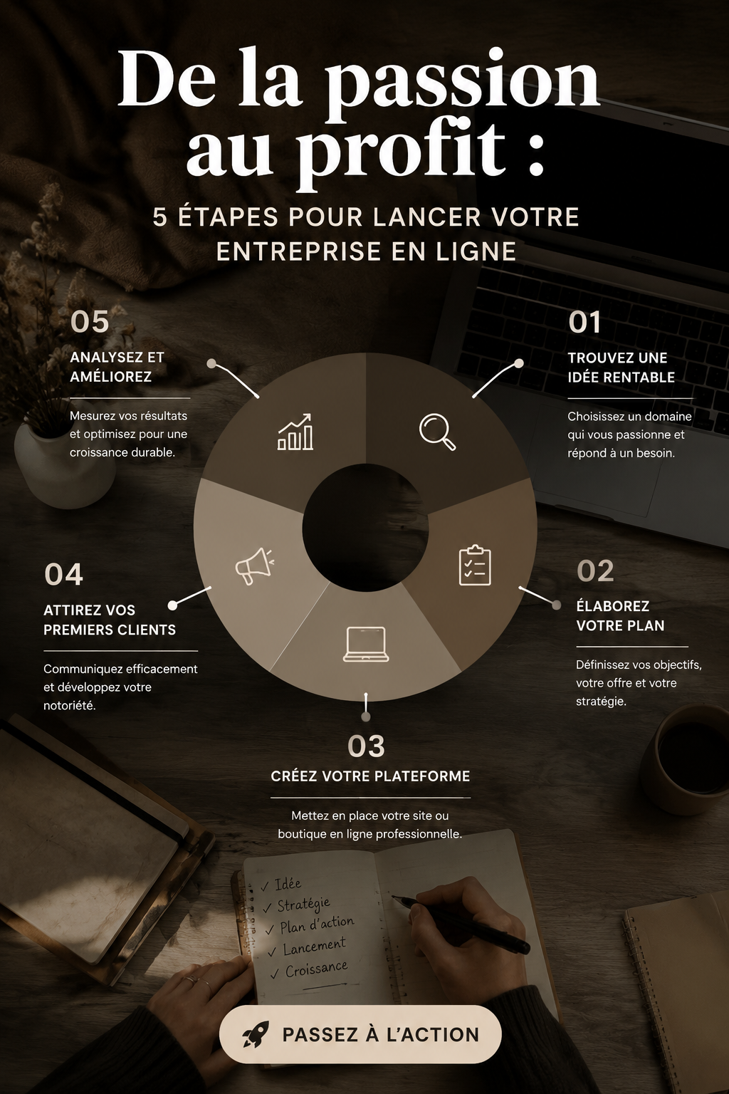Femme souriante travaillant sur son projet entrepreneurial à partir de sa passion.