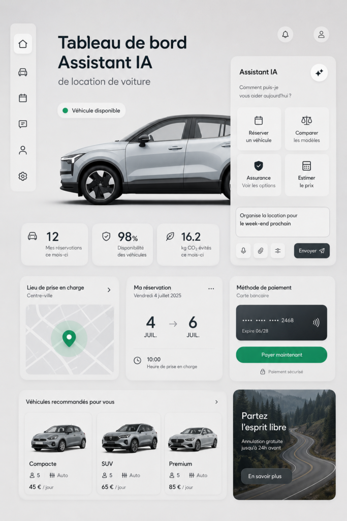 Tableau de bord d'une assistante AI pour la location de voiture, simplifiant les recherches et les réservations.