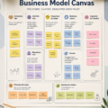 Image représentant un Business Model Canvas en cours de remplissage avec des notes et des idées.