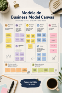 Image représentant un Business Model Canvas en cours de remplissage avec des notes et des idées.