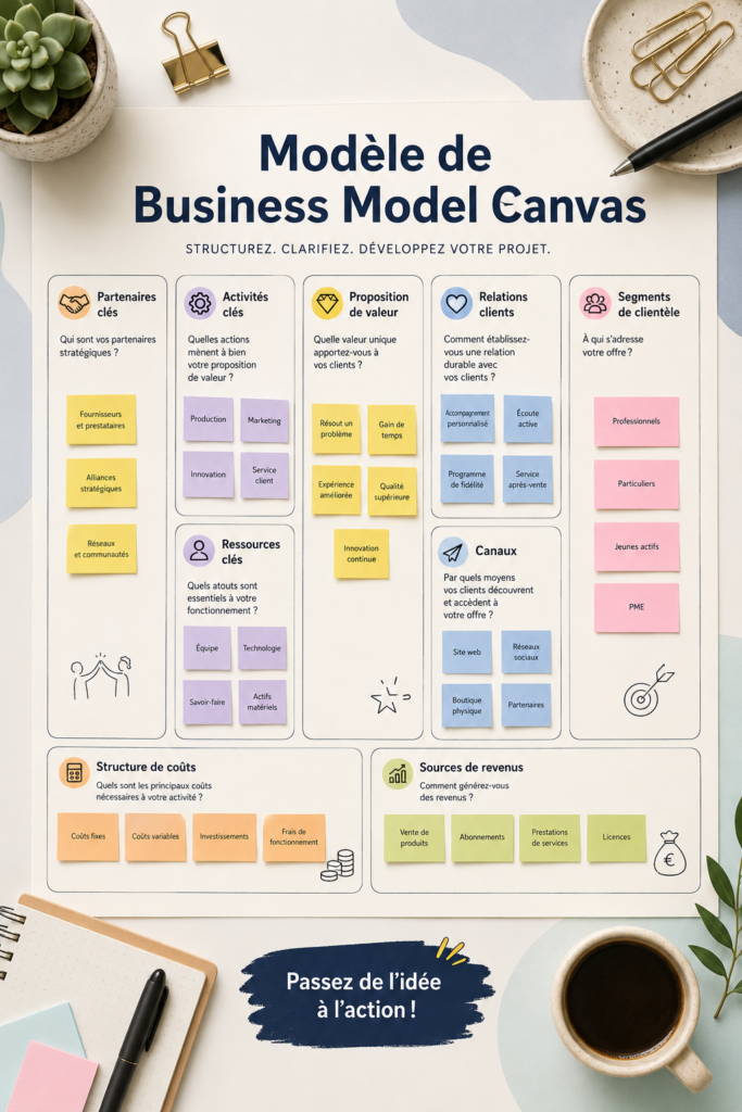 Image représentant un Business Model Canvas en cours de remplissage avec des notes et des idées.