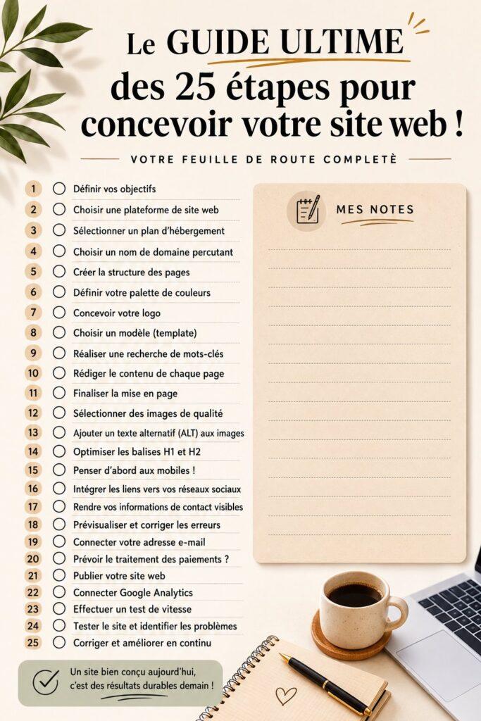 Checklist de conception pour site web avec éléments clés