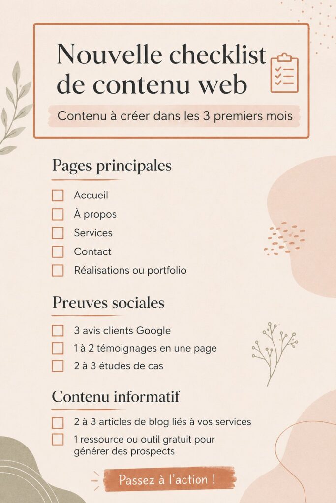 Checklist pour la création de contenu web sur une table en bois.