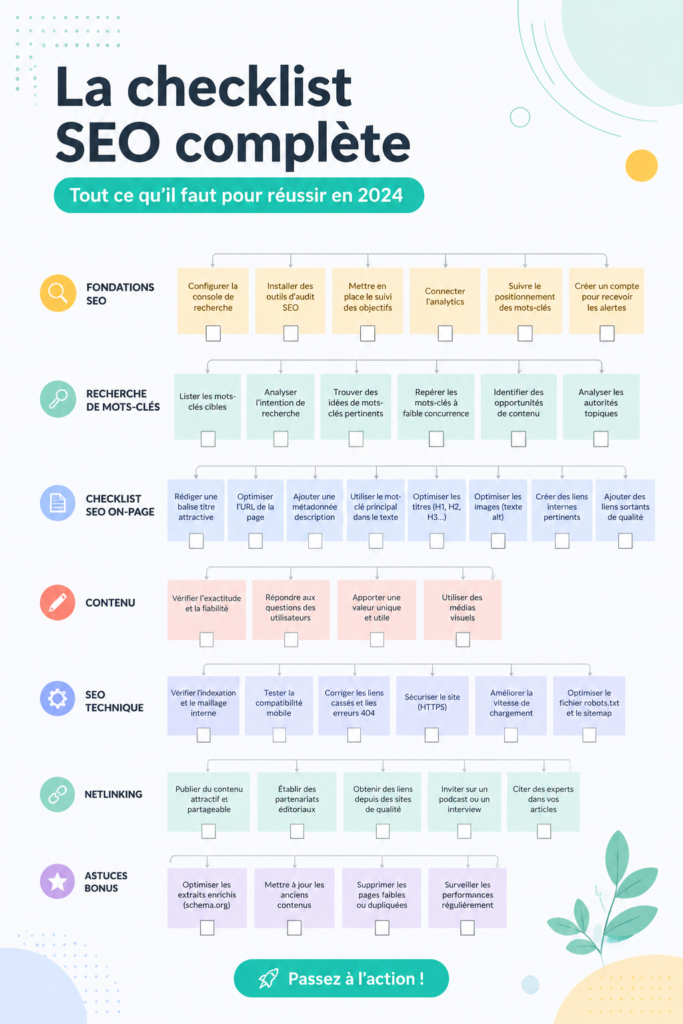 Femme jouant sur son ordinateur avec une checklist SEO en arrière-plan