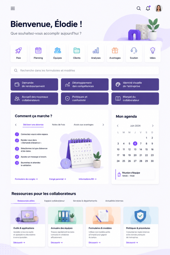 Aperçu d'une page d'accueil Intranet créée avec SharePoint, engageant et fonctionnel.