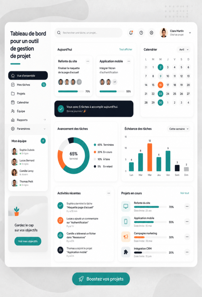 Un exemple de dashboard de gestion de projet montrant des graphiques et des indicateurs de performance.
