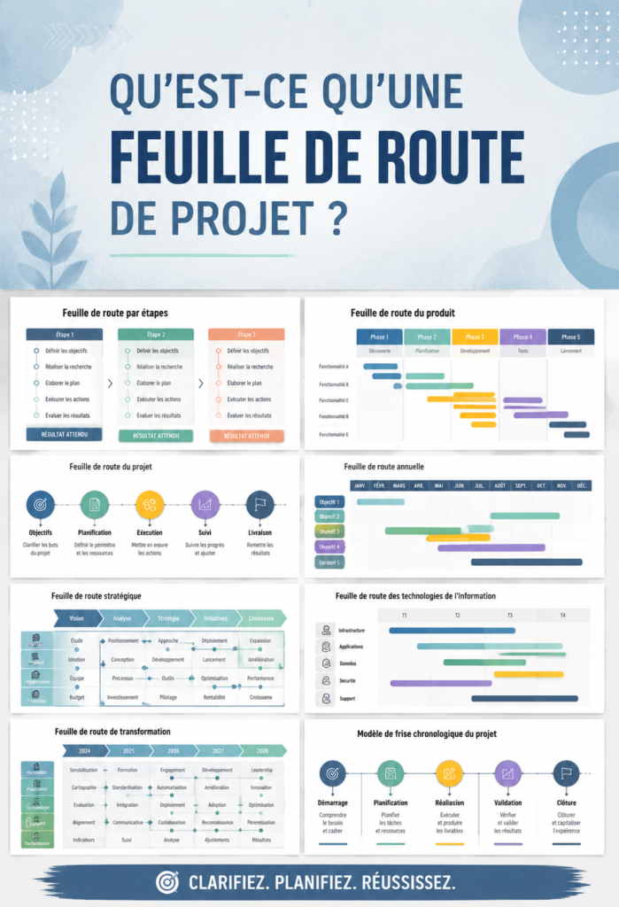 Feuille de route de projet sur un tableau, montrant des étapes et des objectifs