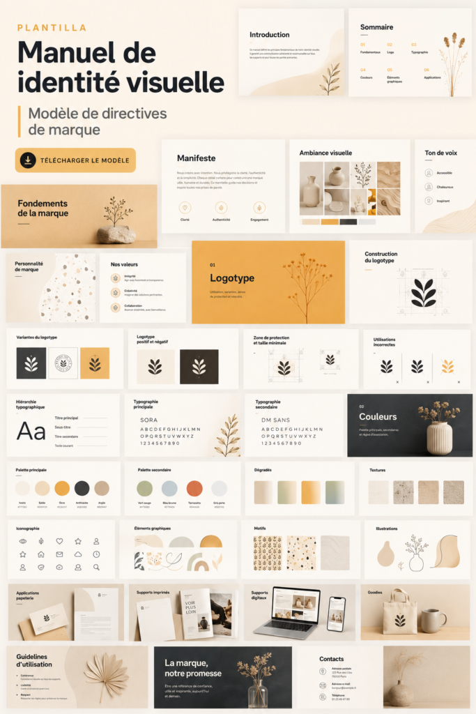 Image d'un guide de marque créatif avec une palette de couleurs attrayantes et une typographie moderne.