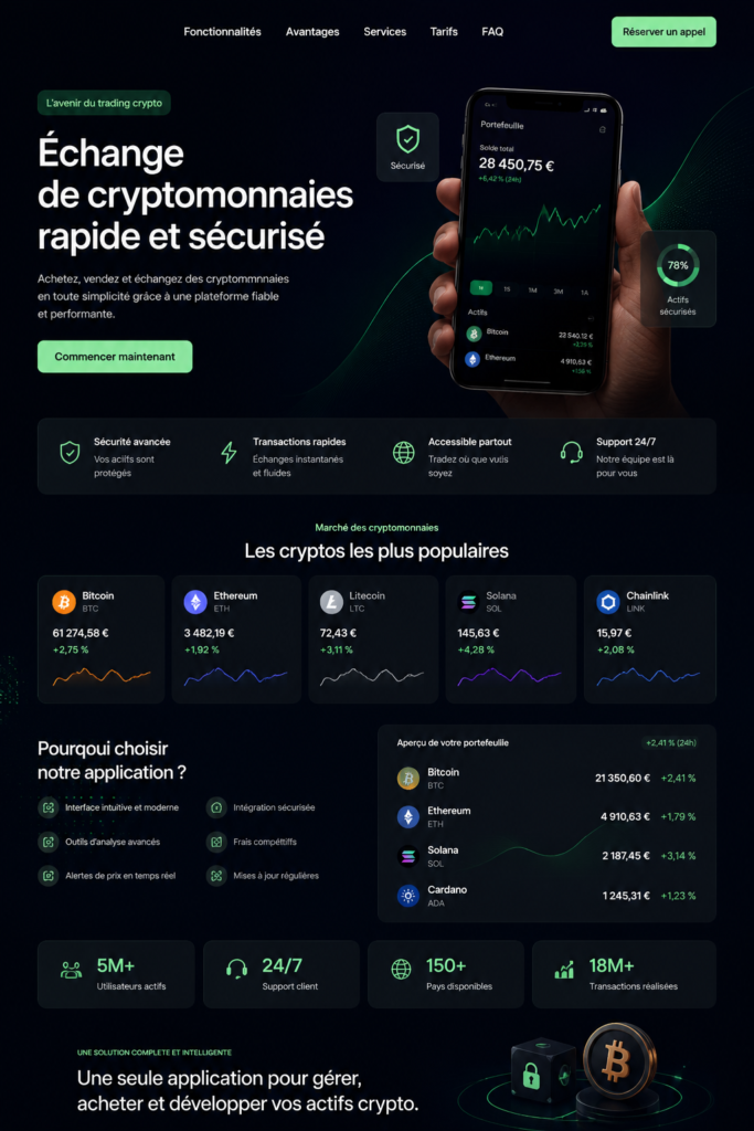 Illustration d'une landing page réussie dans le domaine des cryptomonnaies.