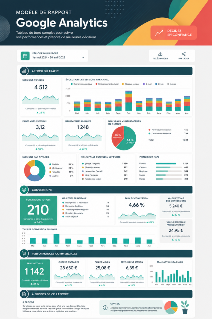 Modèle de rapport Google Analytics avec des graphiques de performance