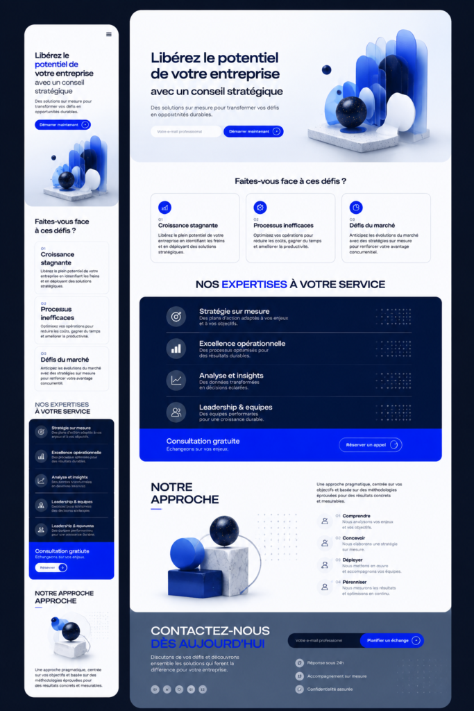 Modèle de site web pour un cabinet de conseil, avec une interface utilisateur moderne.