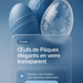 Des œufs de Pâques élégants en verre transparent sur une table de fête.
