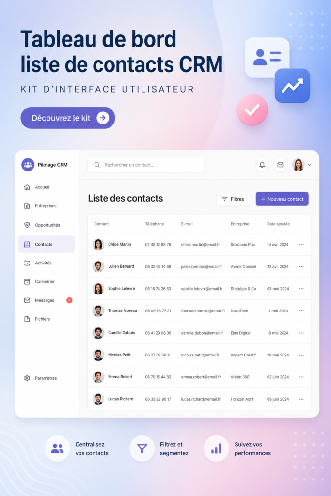 Tableau de bord d'un logiciel CRM affichant des données clients.