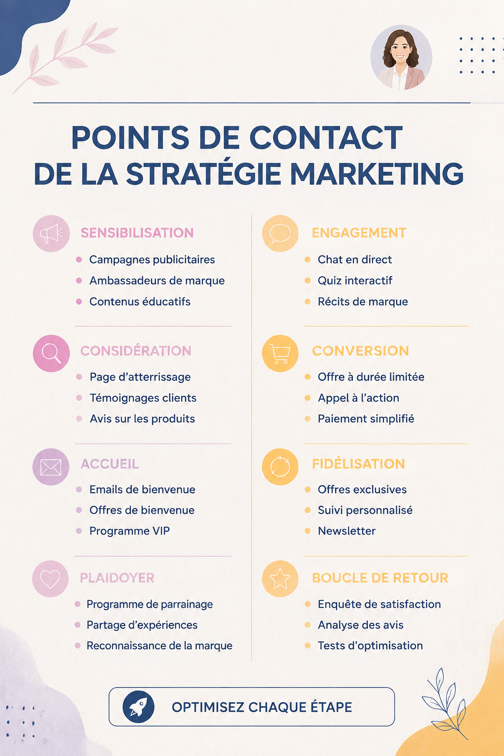 Une femme d'affaires utilisant des outils de marketing digital pour créer des points de contact efficaces.
