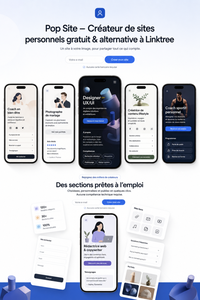 L'interface de Pop Site, un outil gratuit pour créer des sites personnels.