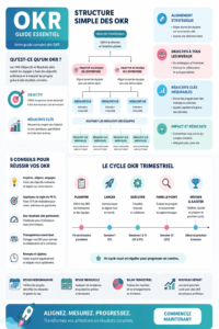 Illustration des OKRs en entreprise, montrant des objectifs et des résultats clés sur un tableau