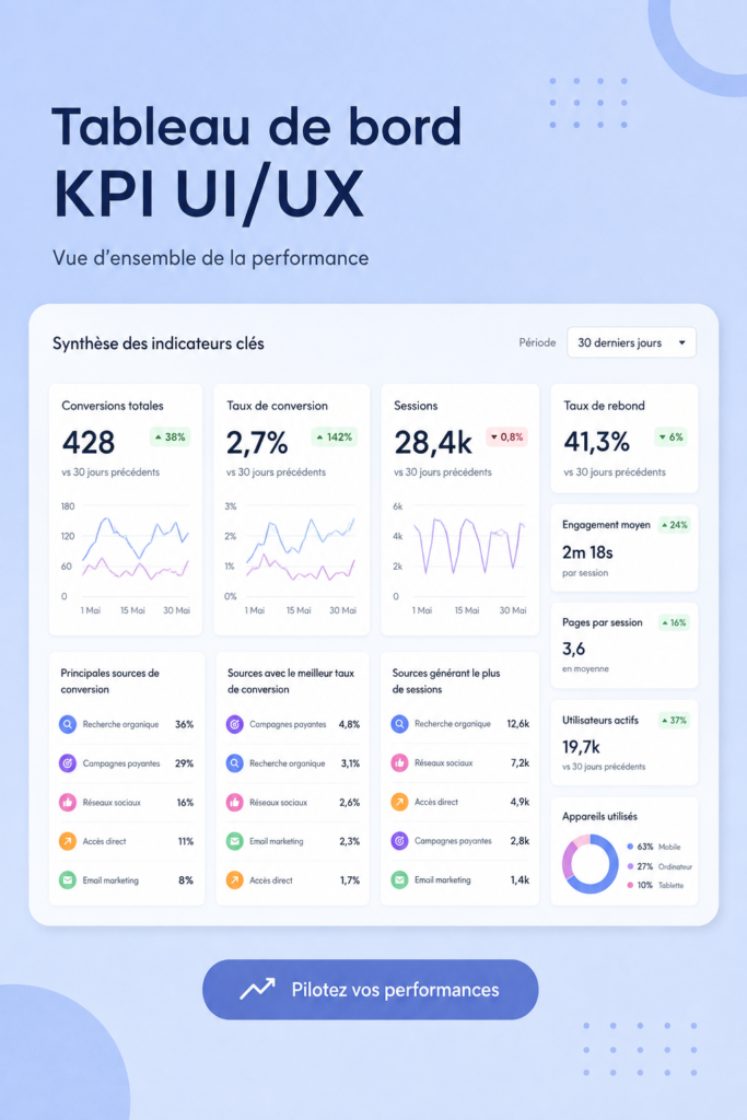 Tableau de bord KPI coloré pour le suivi des performances marketing.