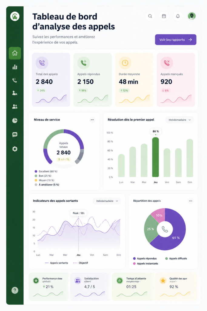 Exemple d'un tableau de bord d'analytique d'appels avec des graphiques et données pertinentes.