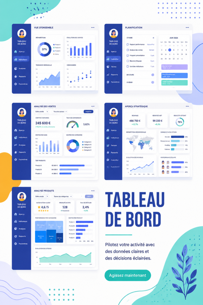 Tableau de bord BI sobre et efficace, illustrant des données clés pour une décision éclairée.
