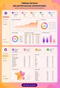 Tableau de bord coloré montrant les performances commerciales d'une entreprise