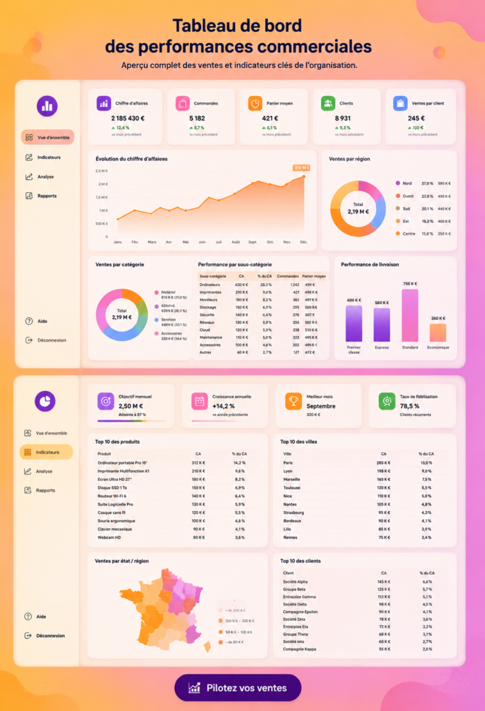 Tableau de bord coloré montrant les performances commerciales d'une entreprise