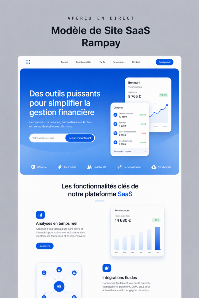 Template SaaS Rampay sur un écran d'ordinateur, mettant en avant un design moderne.