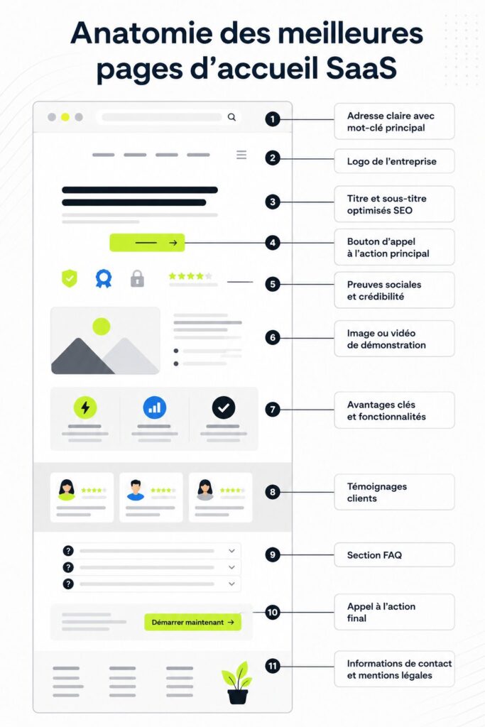 Anatomie d'une landing page SaaS avec des éléments clés présentés visuellement.