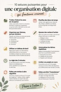 Une femme utilisant un ordinateur avec des astuces numériques d'organisation visibles à l'écran.
