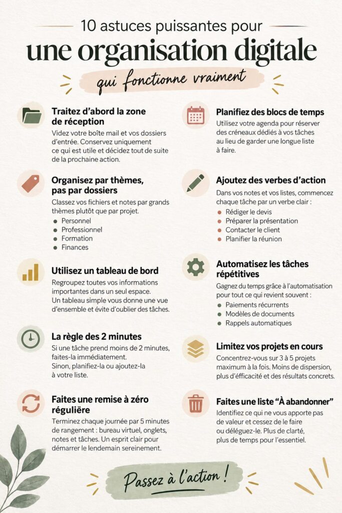 Une femme utilisant un ordinateur avec des astuces numériques d'organisation visibles à l'écran.