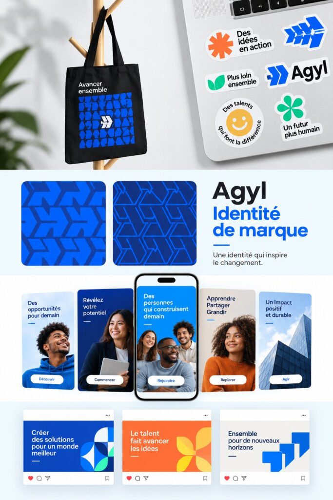 Illustration d'une identité de marque réussie avec des éléments graphiques d'identité visuelle.