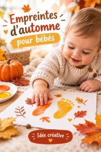 Bébé tenant des empreintes de feuilles d'automne dans ses mains.