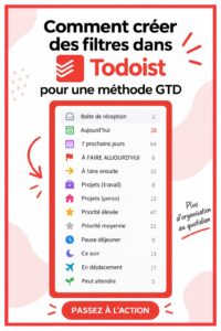 Femme utilisant l'application Todoist sur son smartphone pour organiser ses tâches avec des filtres