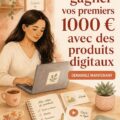 Femme souriante travaillant sur son ordinateur avec des produits numériques en arrière-plan.