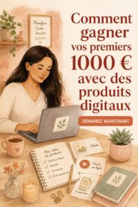 Femme souriante travaillant sur son ordinateur avec des produits numériques en arrière-plan.