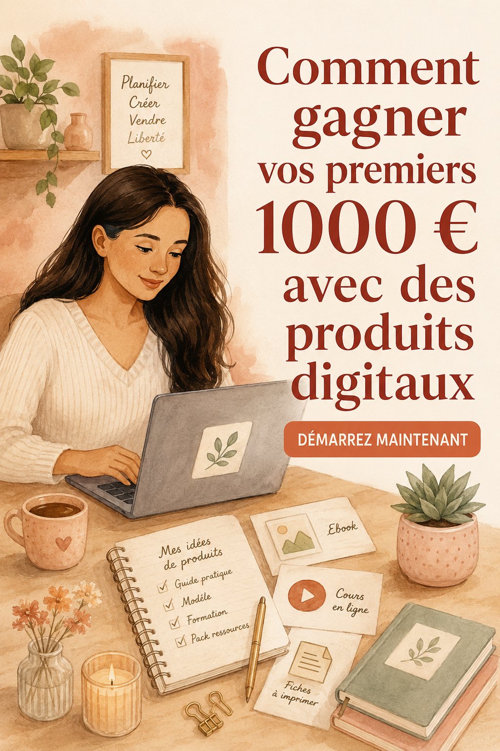 Femme souriante travaillant sur son ordinateur avec des produits numériques en arrière-plan.