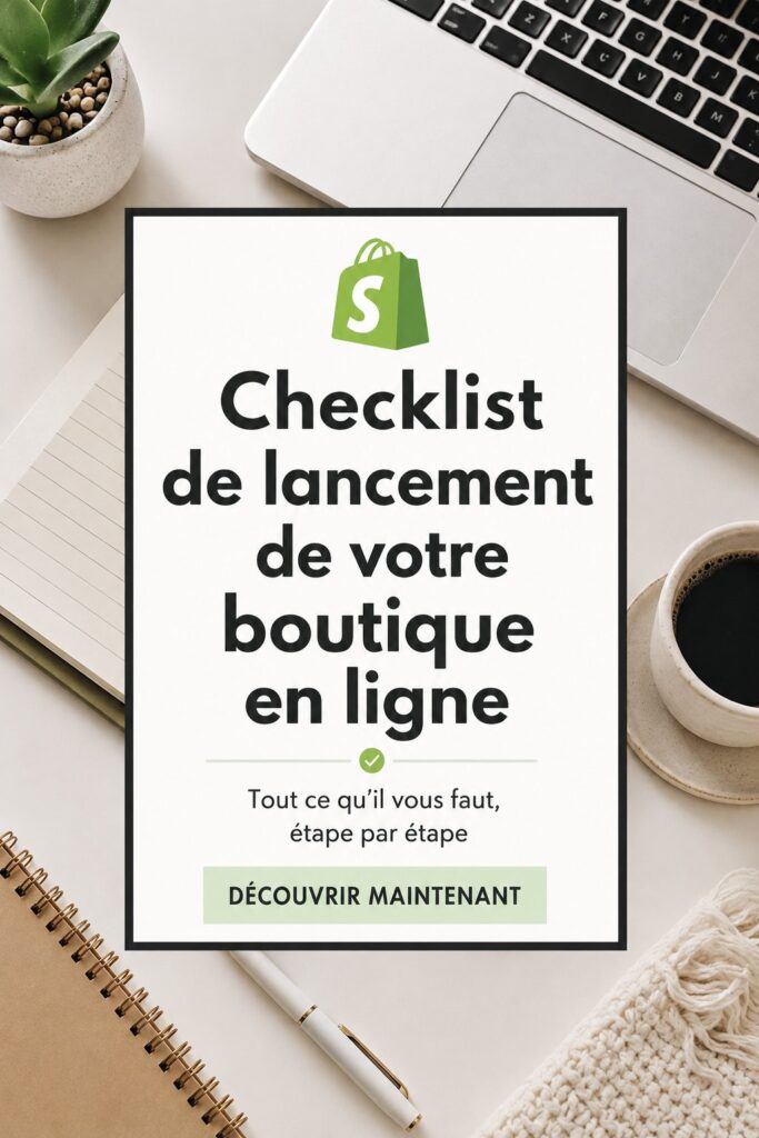 Une femme souriante travaillant sur son site Shopify depuis son ordinateur, entourée de notes et de matériel de bureau.
