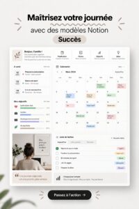 Une femme utilisant un ordinateur avec des templates Notion visibles à l'écran, symbolisant l'organisation et la productivité.