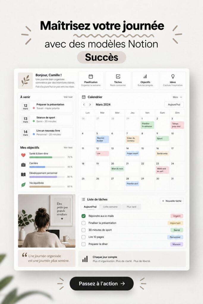 Une femme utilisant un ordinateur avec des templates Notion visibles à l'écran, symbolisant l'organisation et la productivité.